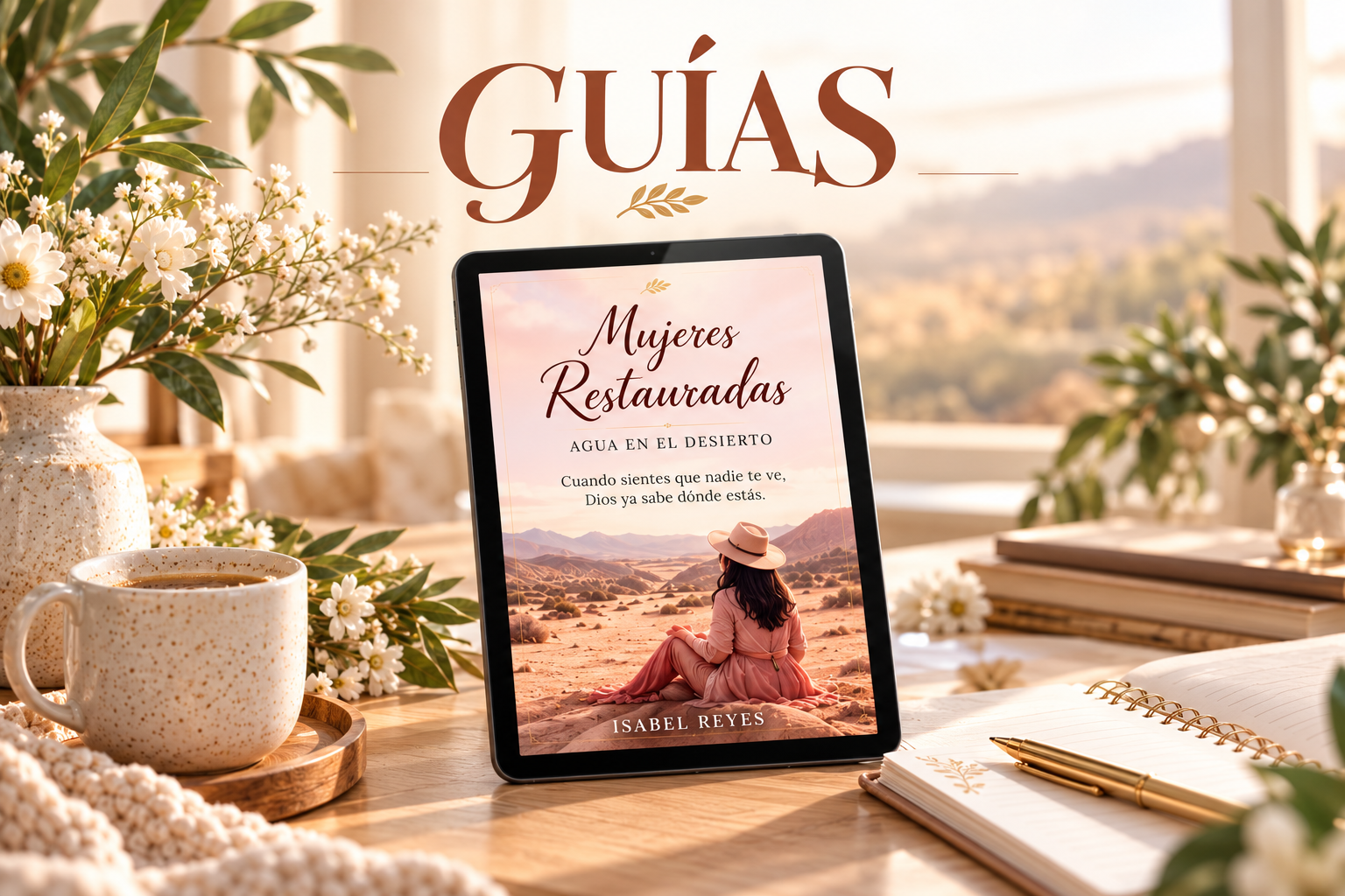 Portada de la colección Guías con una tableta que muestra Agua en el desierto.